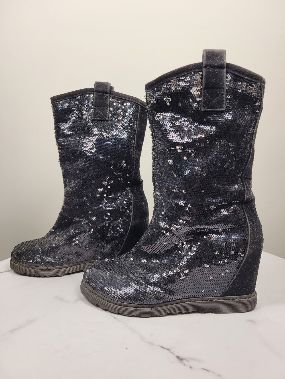 Black Sequin Tall Winter Boots Shoes Size: 7.5US